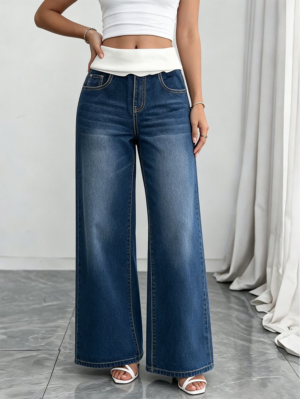 Contrast Foldover Waist Wide Leg Jeans - Dark_Blue