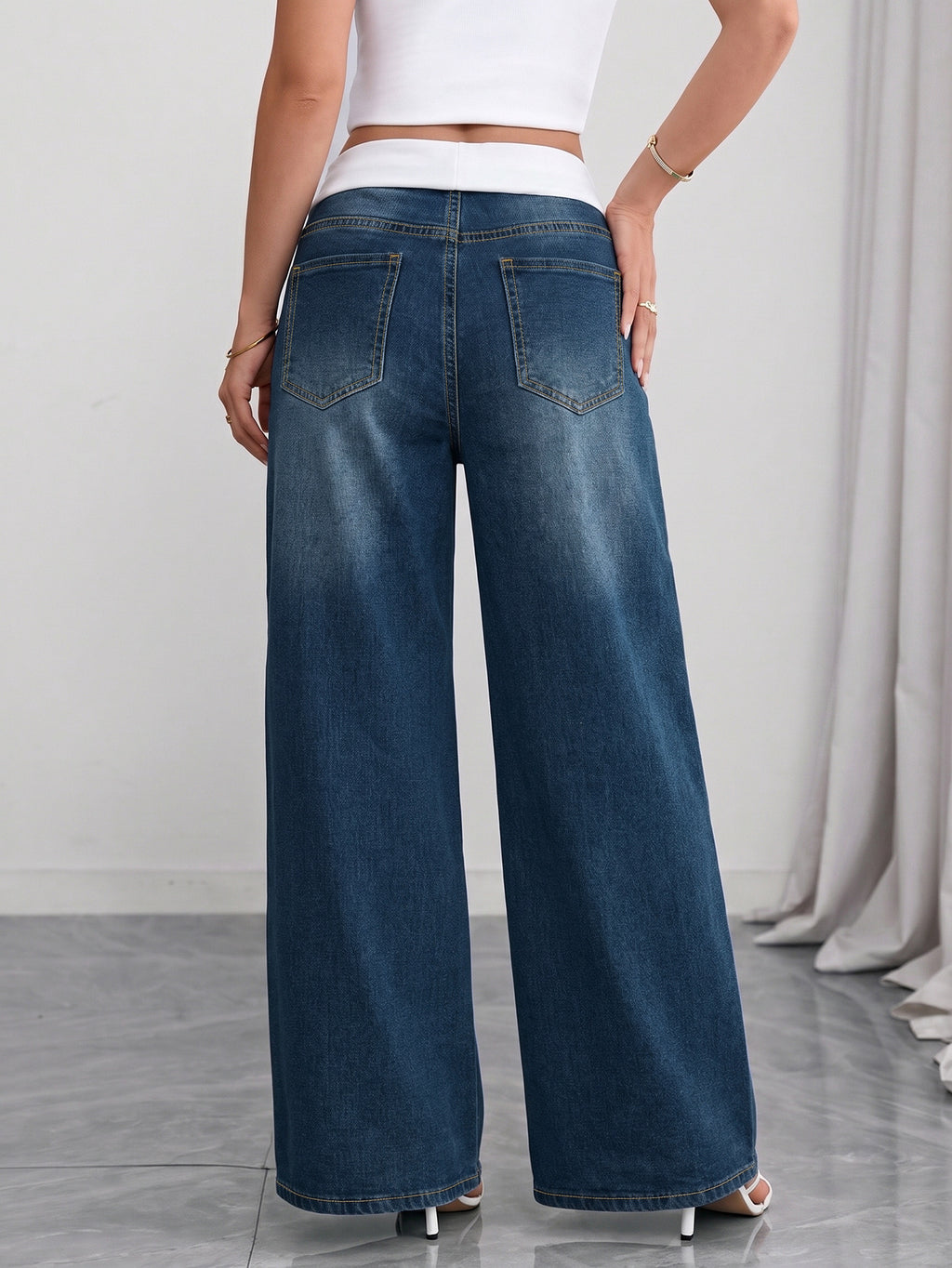 Contrast Foldover Waist Wide Leg Jeans - Dark_Blue - 1
