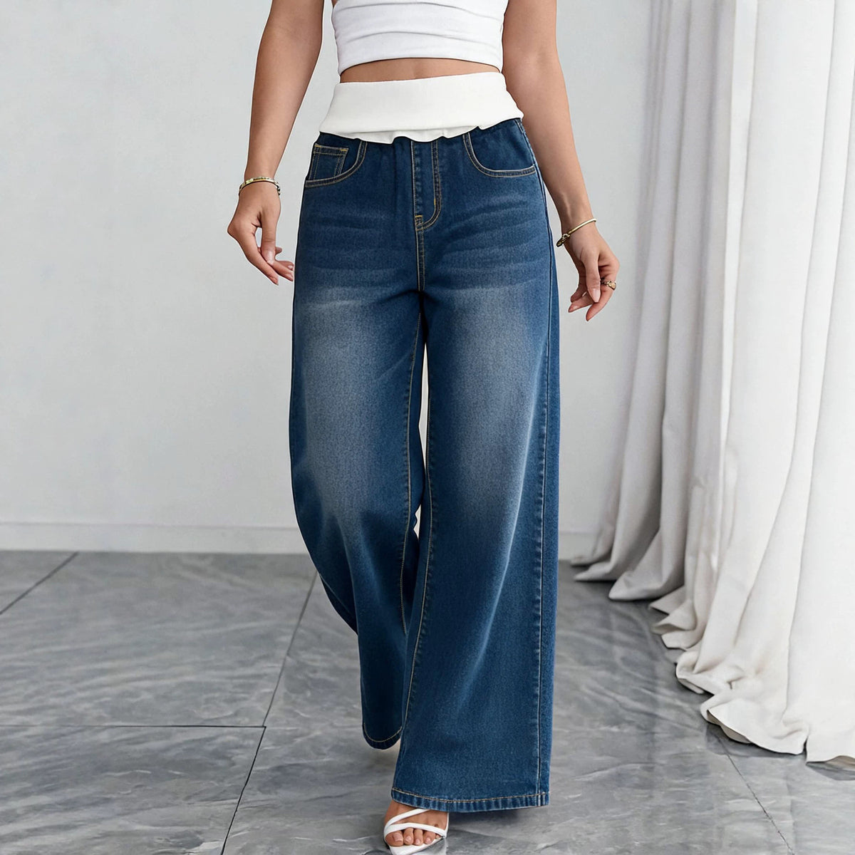 Contrast Foldover Waist Wide Leg Jeans - Dark_Blue - 2