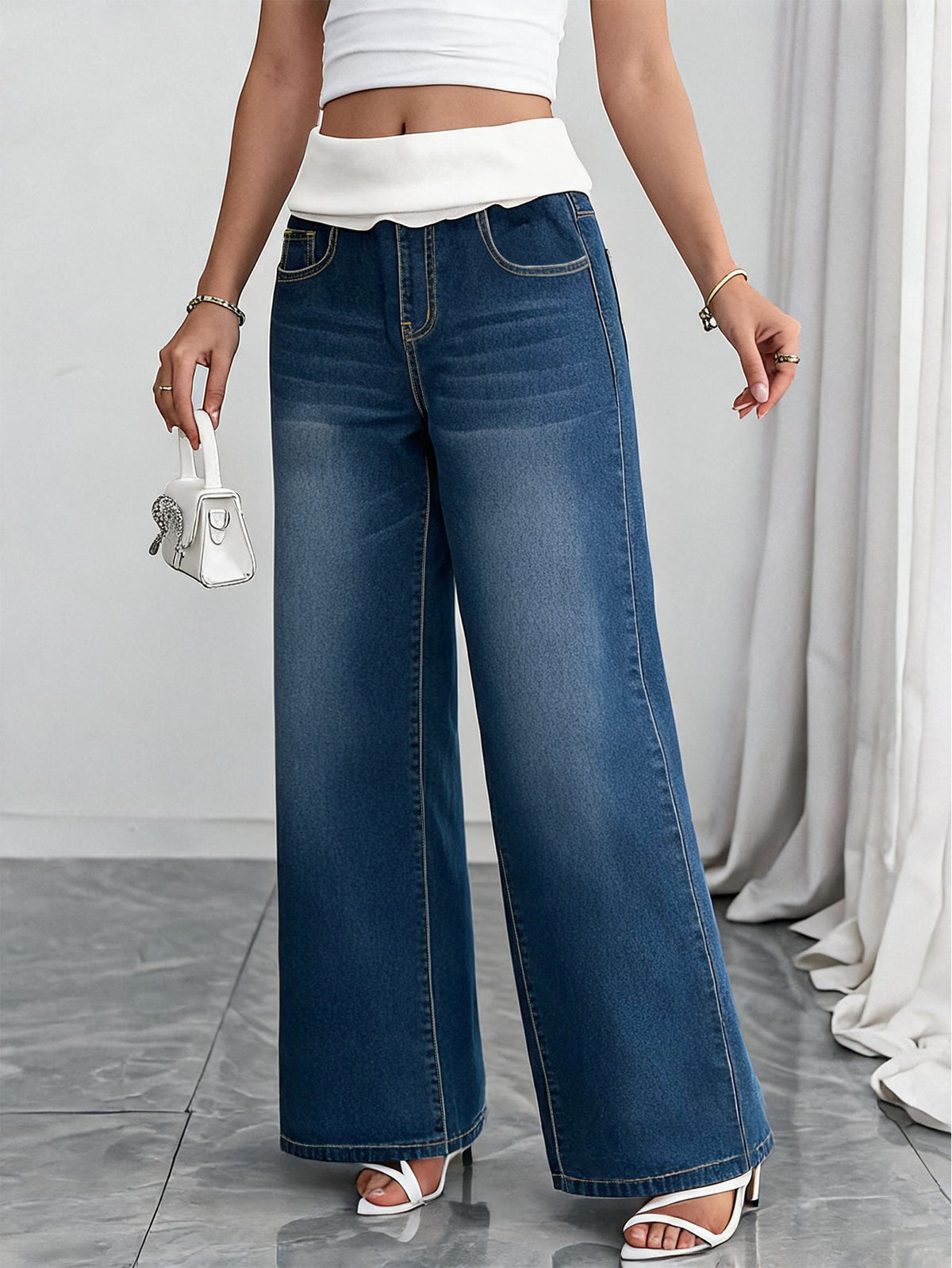 Contrast Foldover Waist Wide Leg Jeans - Dark_Blue - 3