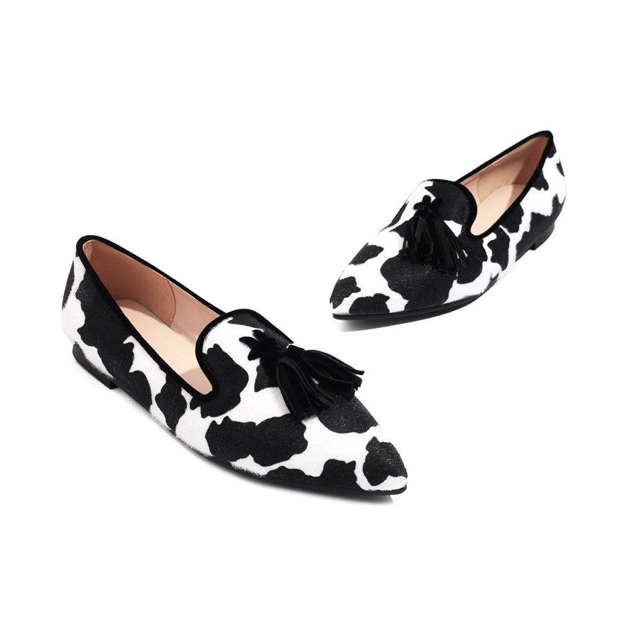 Animal Print Pointed Toe Tassel Loafers - Cow Black