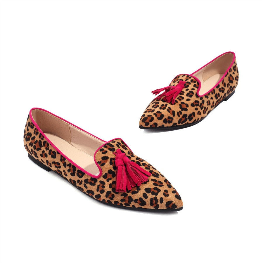 Animal Print Pointed Toe Tassel Loafers - Leopard Red