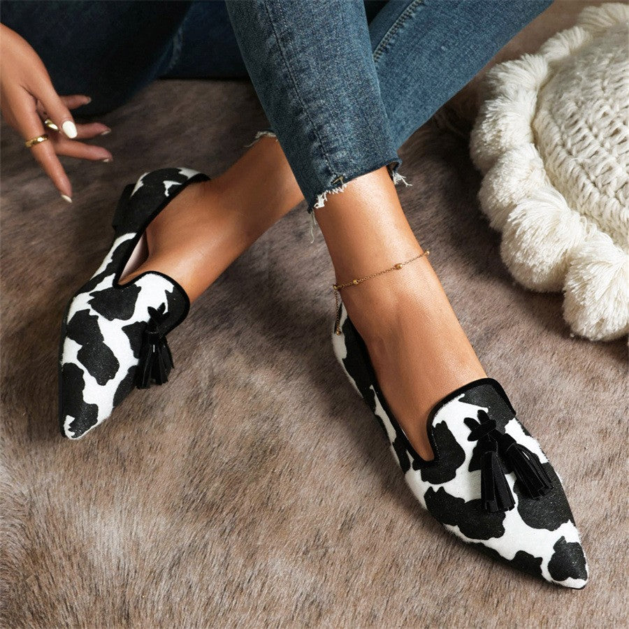 Animal Print Pointed Toe Tassel Loafers