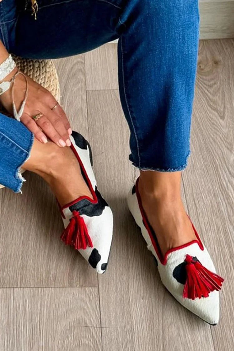 Animal Print Pointed Toe Tassel Loafers