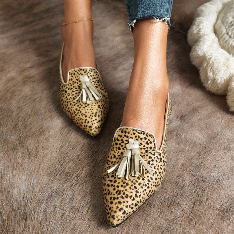 Animal Print Pointed Toe Tassel Loafers
