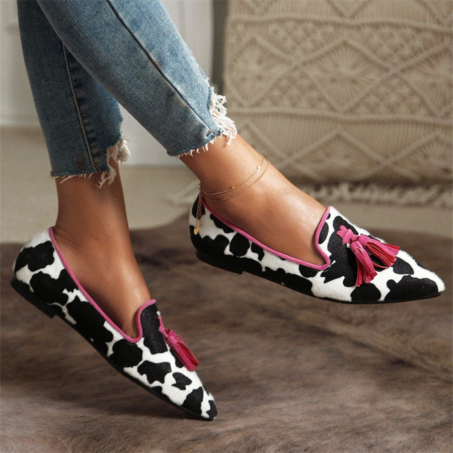 Animal Print Pointed Toe Tassel Loafers