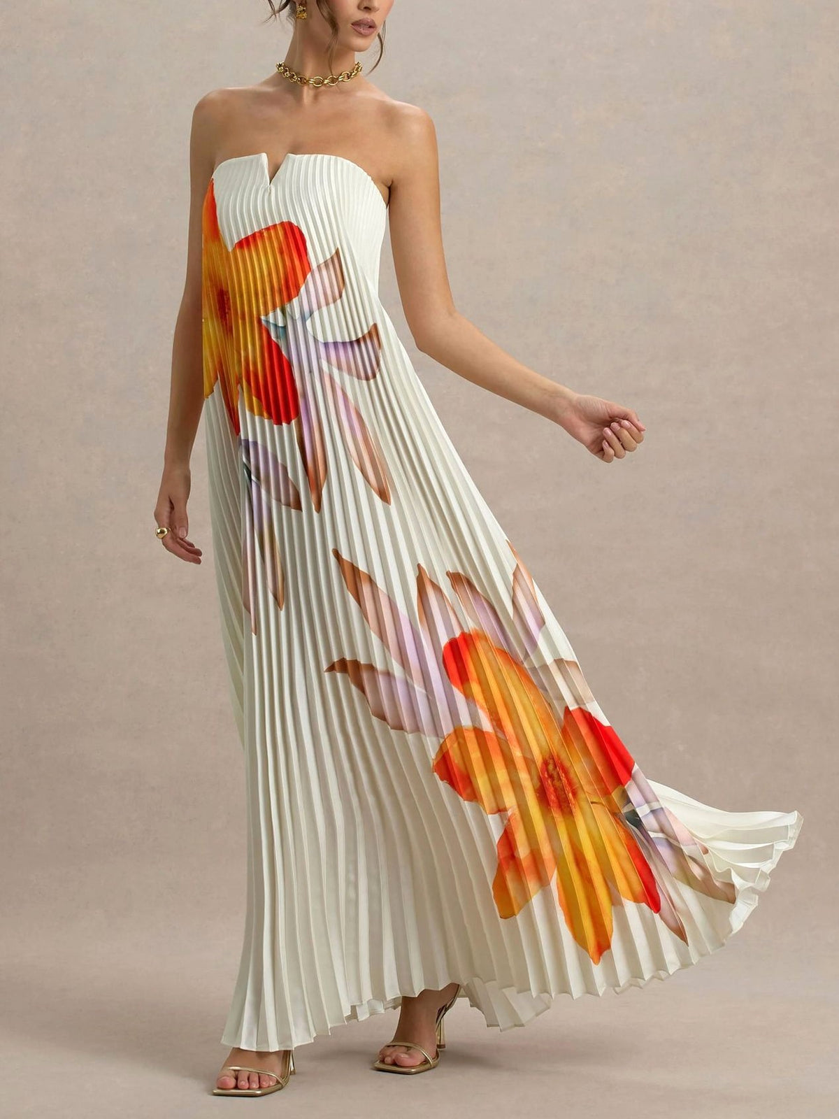 Strapless Pleated Floral Maxi Dress - White