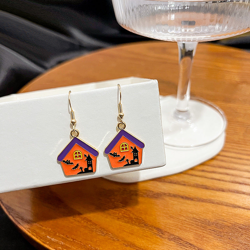 Cartoon Pumpkin And Cat Enamel Earrings - Castle