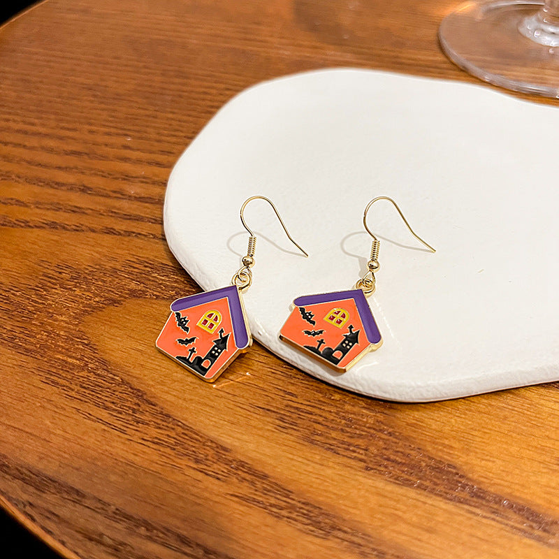 Cartoon Pumpkin And Cat Enamel Earrings - Castle - 1