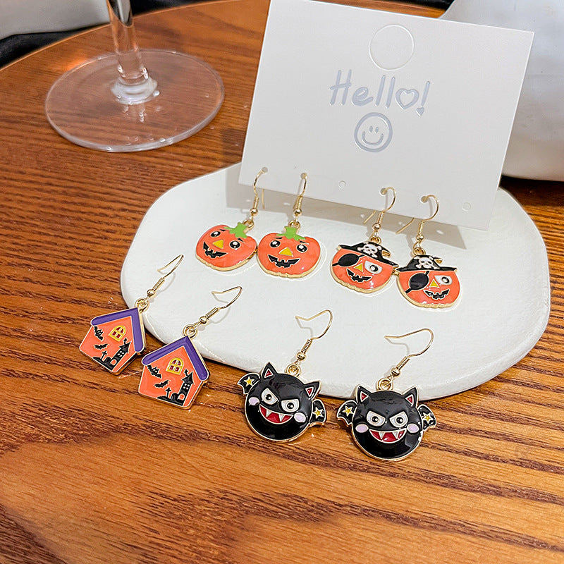 Cartoon Pumpkin And Cat Enamel Earrings - view 1
