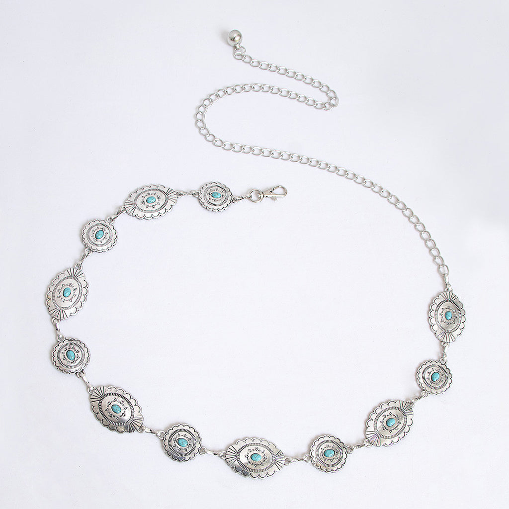 Oval Concho Stone Link Belt Chain - A