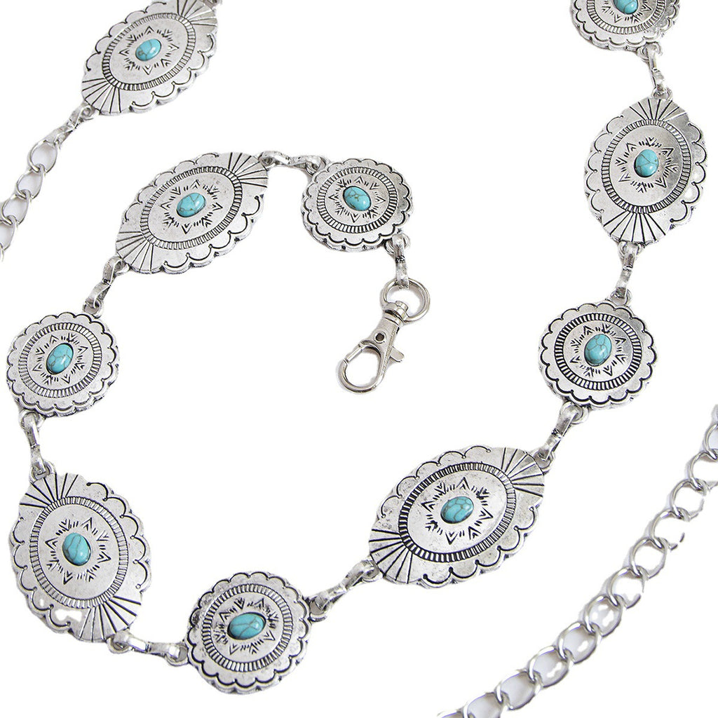 Oval Concho Stone Link Belt Chain - A - 1