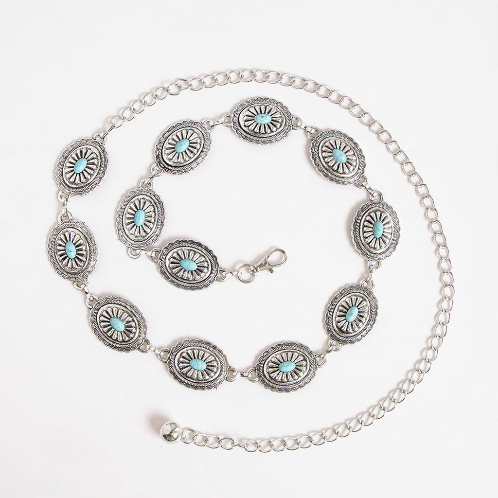 Oval Concho Stone Link Belt Chain - C