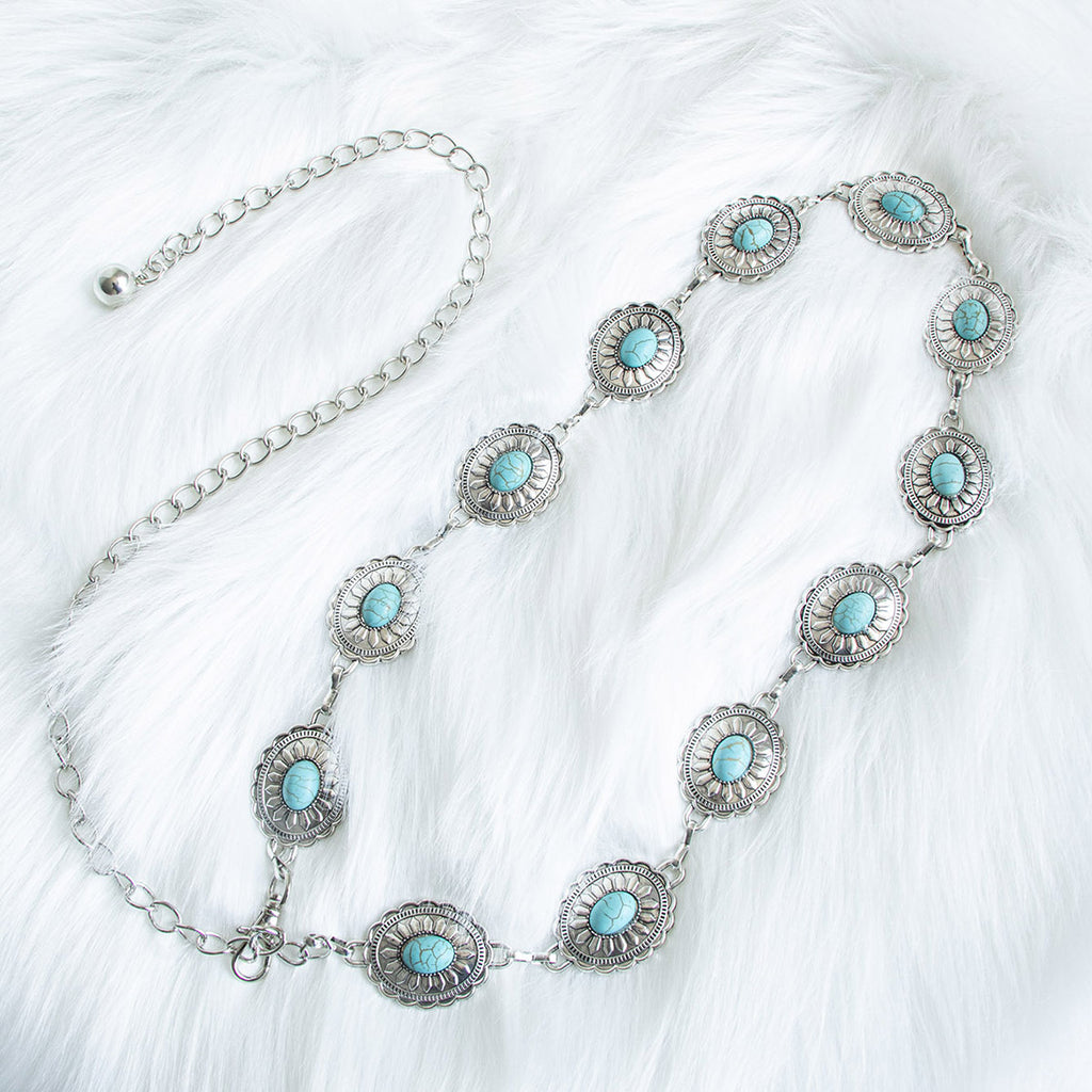 Oval Concho Stone Link Belt Chain - D