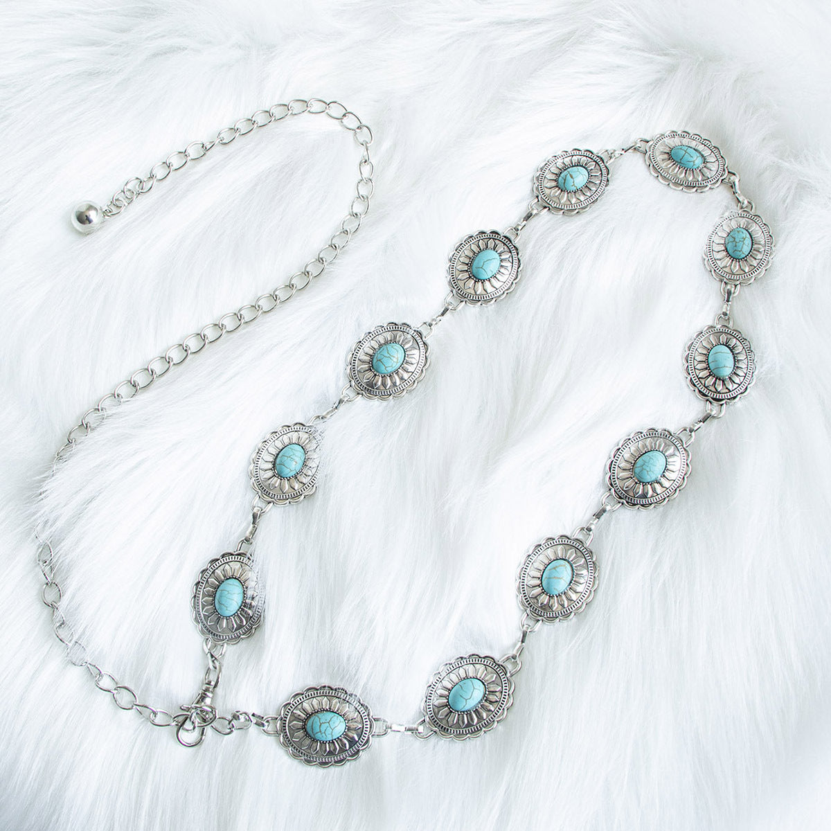 Oval Concho Stone Link Belt Chain - D
