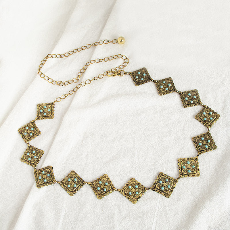 Oval Concho Stone Link Belt Chain - Gold-B