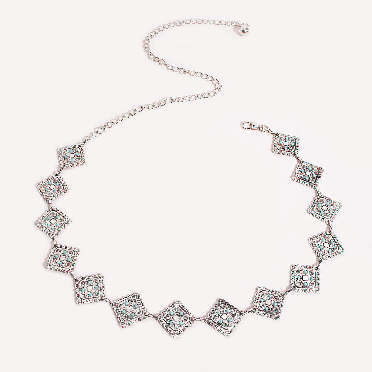 Oval Concho Stone Link Belt Chain - Silvery-B