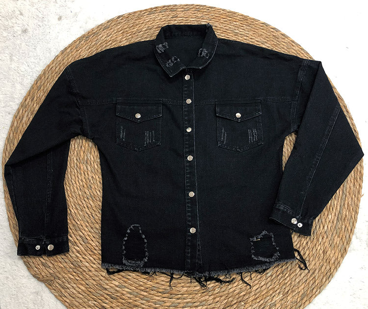Oversized Distressed Raw Hem Denim Jacket - black - 1