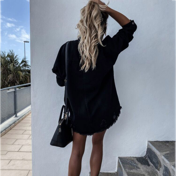 Oversized Distressed Raw Hem Denim Jacket - black - 10
