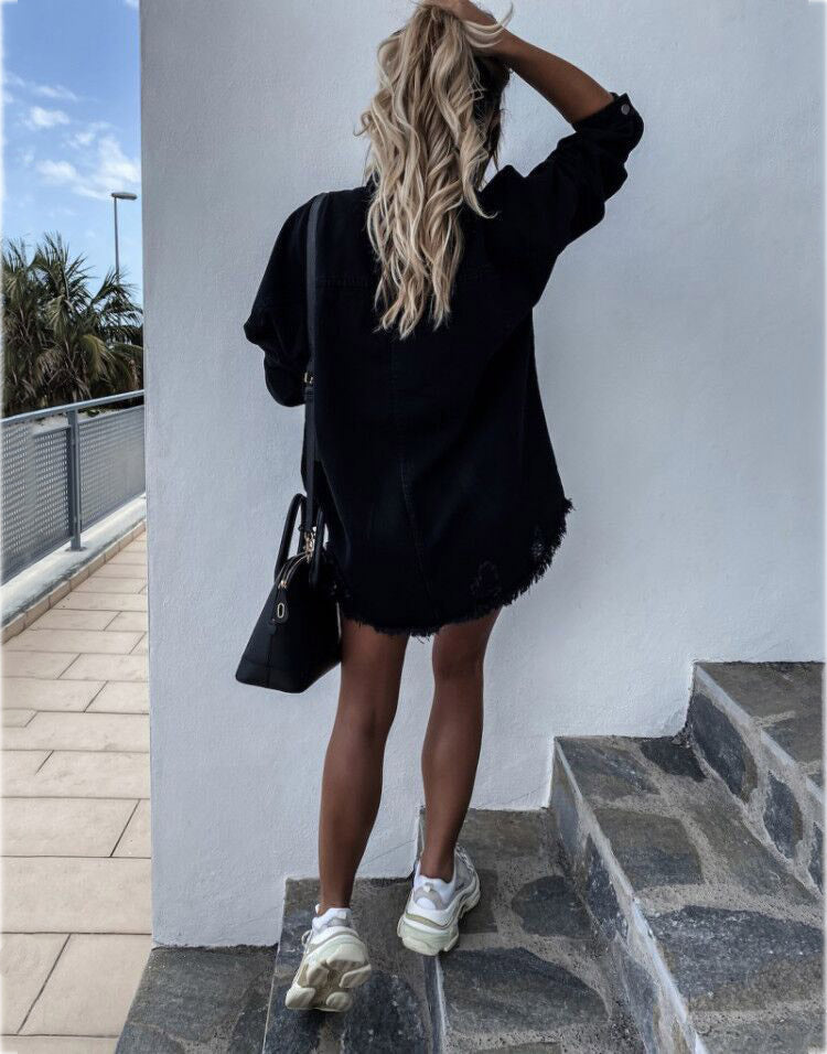 Oversized Distressed Raw Hem Denim Jacket - black - 11