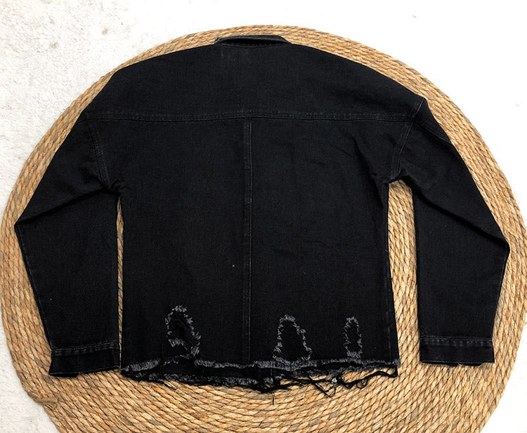 Oversized Distressed Raw Hem Denim Jacket - black - 2