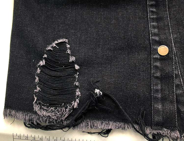 Oversized Distressed Raw Hem Denim Jacket - black - 3
