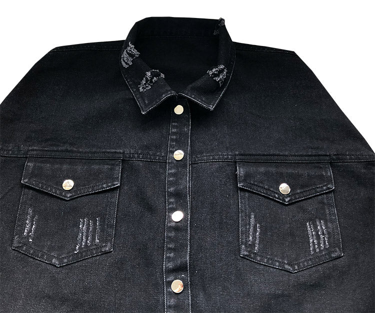 Oversized Distressed Raw Hem Denim Jacket - black - 4