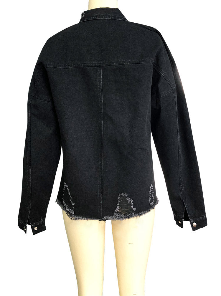 Oversized Distressed Raw Hem Denim Jacket - black - 5
