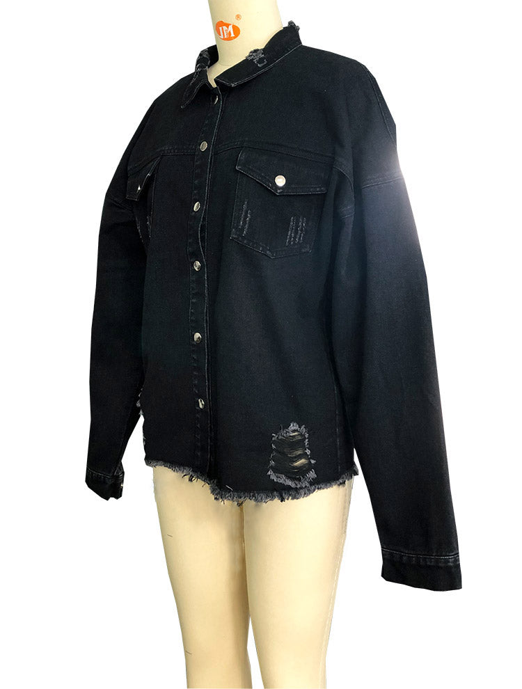Oversized Distressed Raw Hem Denim Jacket - black - 6