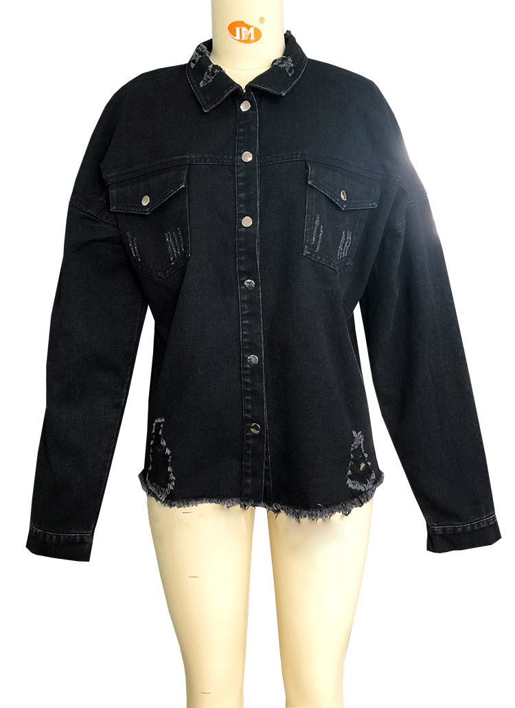 Oversized Distressed Raw Hem Denim Jacket - black - 7