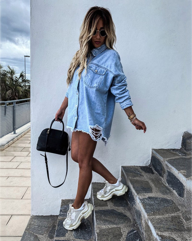Oversized Distressed Raw Hem Denim Jacket - blue - 2