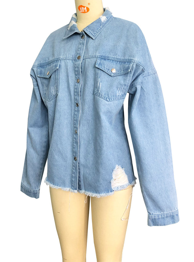Oversized Distressed Raw Hem Denim Jacket - blue - 3