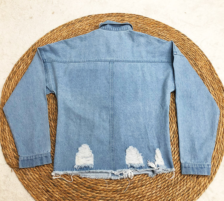 Oversized Distressed Raw Hem Denim Jacket - blue - 4