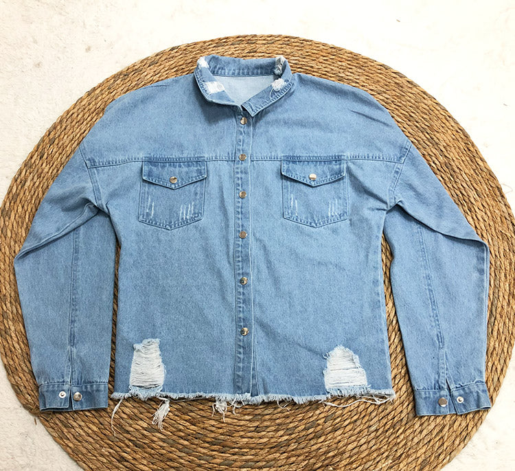 Oversized Distressed Raw Hem Denim Jacket - blue - 5