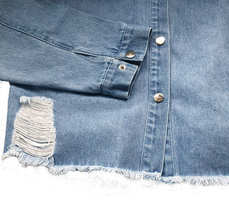 Oversized Distressed Raw Hem Denim Jacket - blue - 7