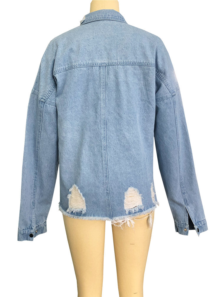 Oversized Distressed Raw Hem Denim Jacket - blue - 8