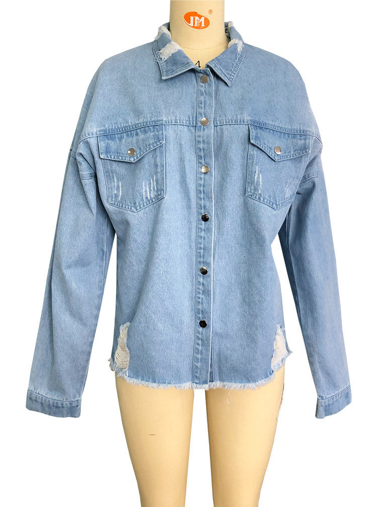 Oversized Distressed Raw Hem Denim Jacket - blue - 9