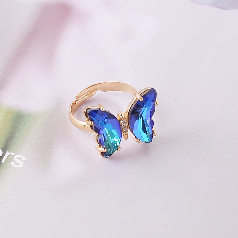 Crystal Butterfly Adjustable Open Ring - Blue_1