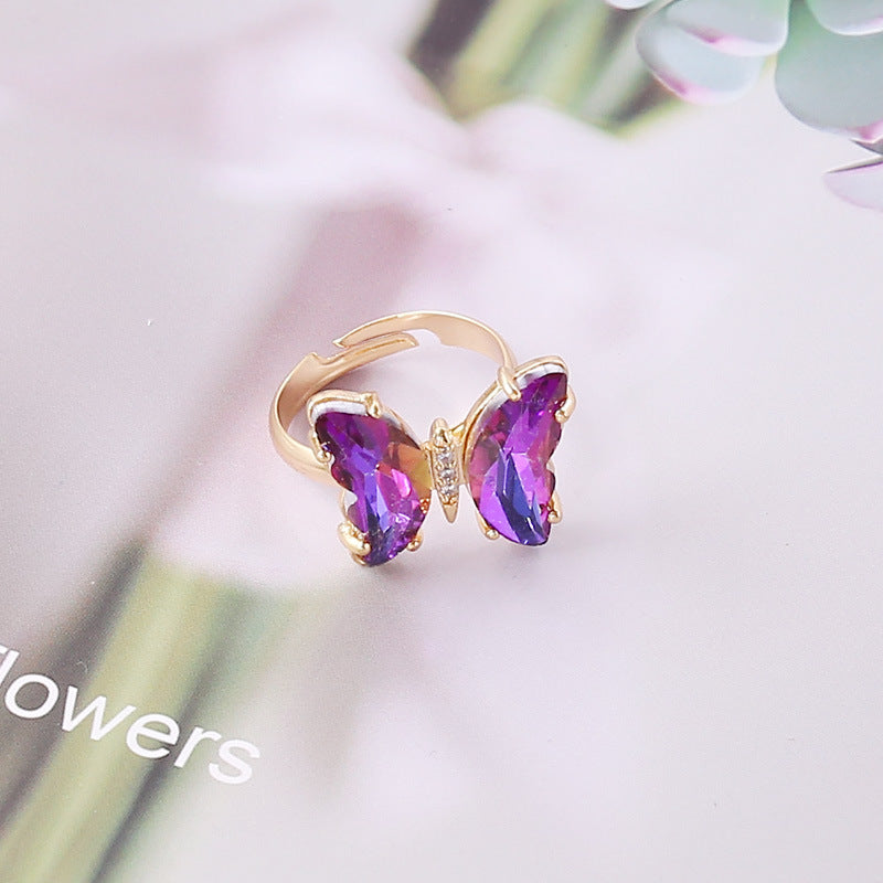 Crystal Butterfly Adjustable Open Ring - Purple_1