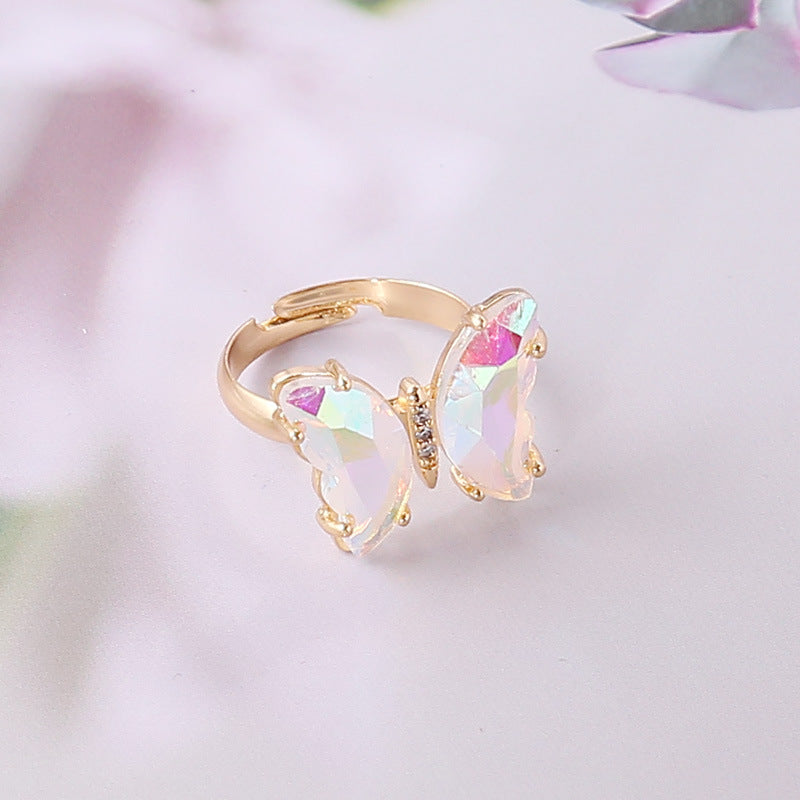 Crystal Butterfly Adjustable Open Ring - White