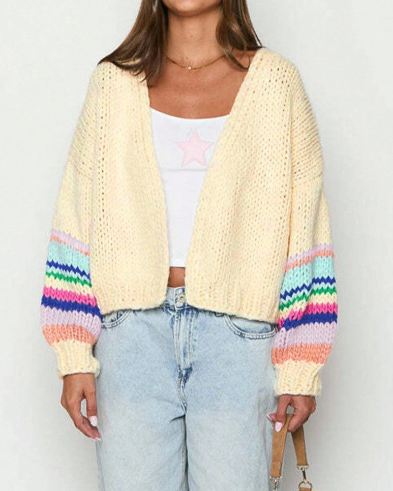 Cropped Chunky Cardigan With Candy Stripe Sleeves - Apricot - 1