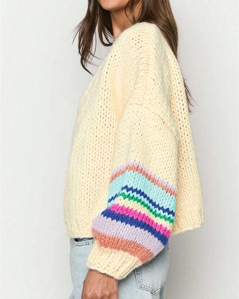 Cropped Chunky Cardigan With Candy Stripe Sleeves - Apricot - 2