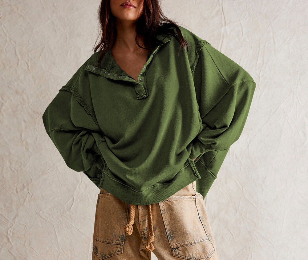 Oversized Quarter Button Collared Sweatshirt - ArmyGreen