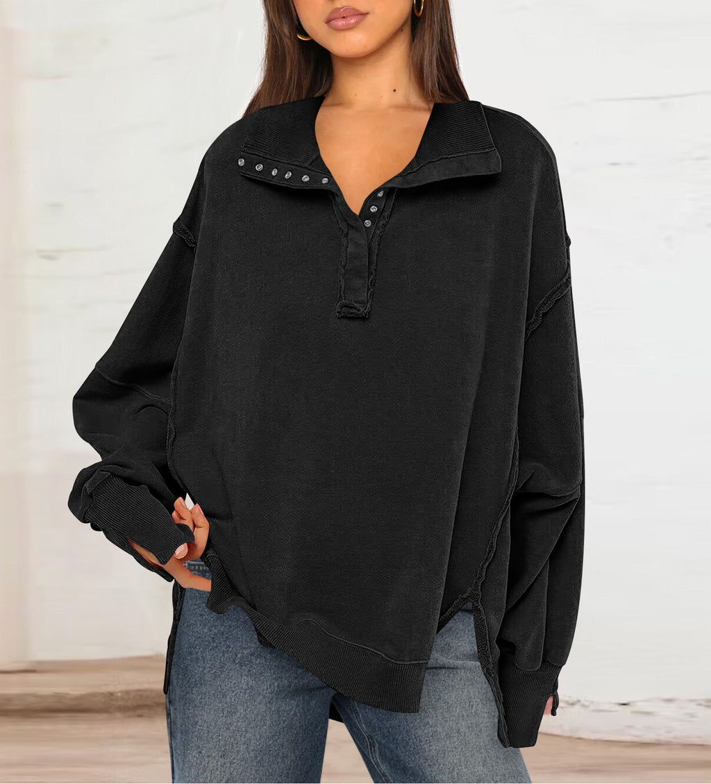 Oversized Quarter Button Collared Sweatshirt - Black