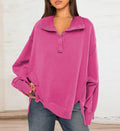 Oversized Quarter Button Collared Sweatshirt - Rose