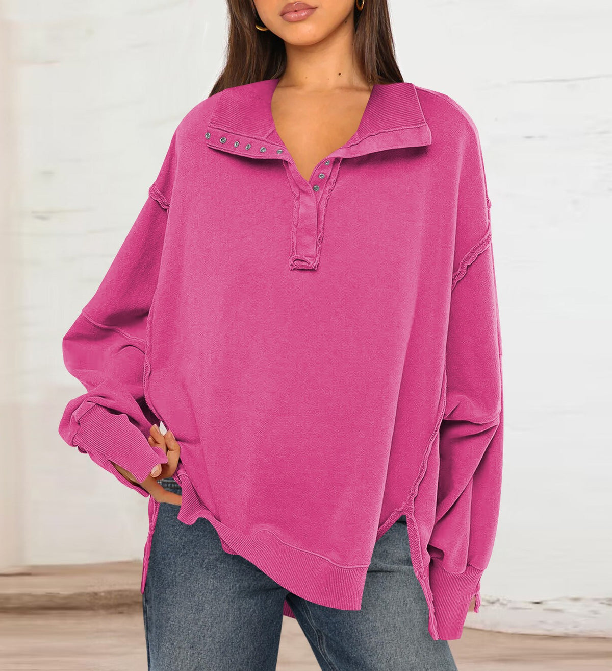 Oversized Quarter Button Collared Sweatshirt - Rose