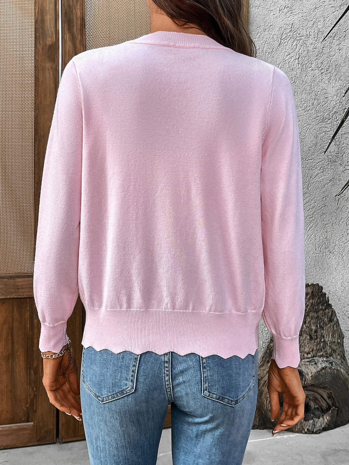 Scalloped Edge V-Neck Button Cardigan - Pink - 4