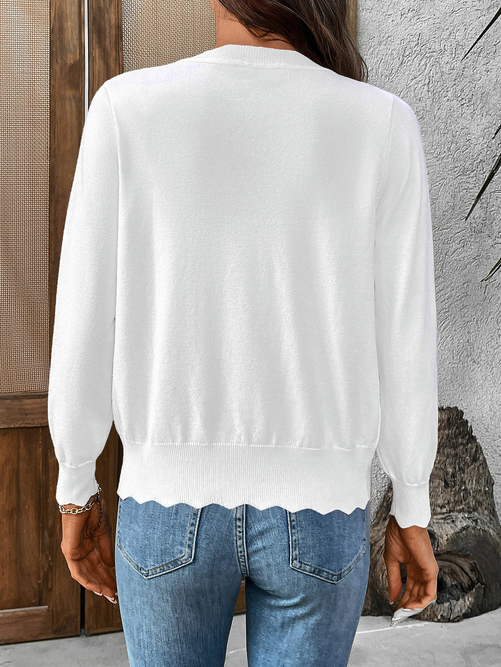 Scalloped Edge V-Neck Button Cardigan - White - 3