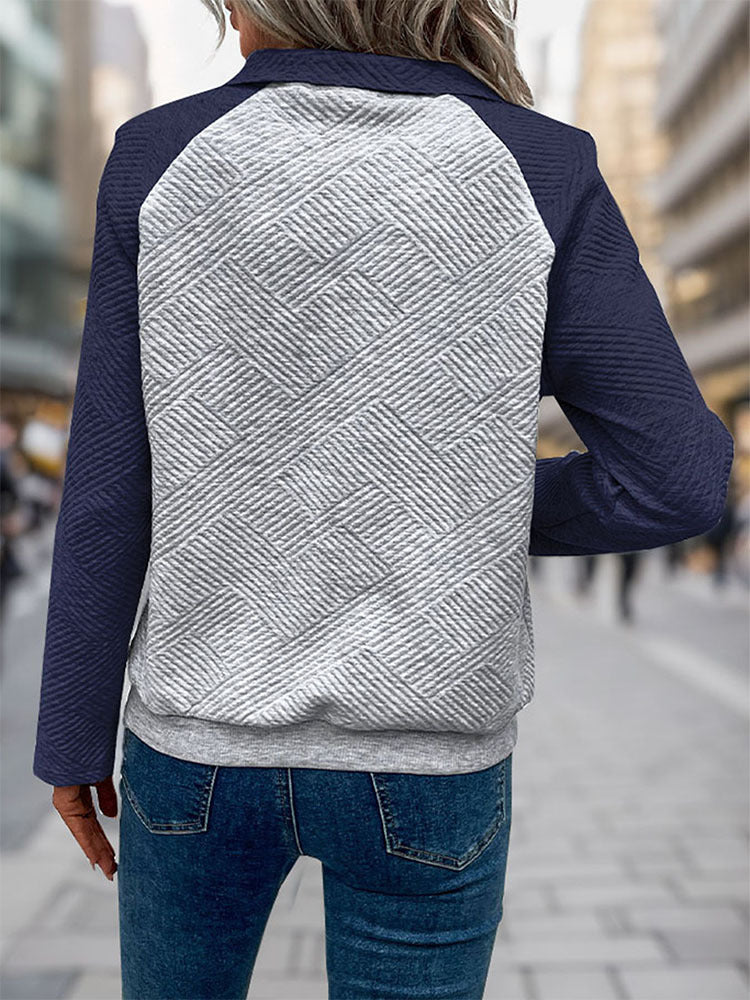 Quilted Colorblock Snap Placket Sweatshirt - Darkblue - 2