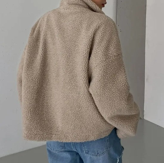 Teddy Sherpa Zip Front Stand Collar Jacket - Camel - 1